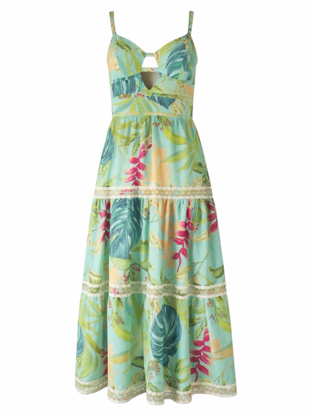 PatBO Tropicalia Leaf Print Jute Trim Midi Dress Islablue Green Size 4